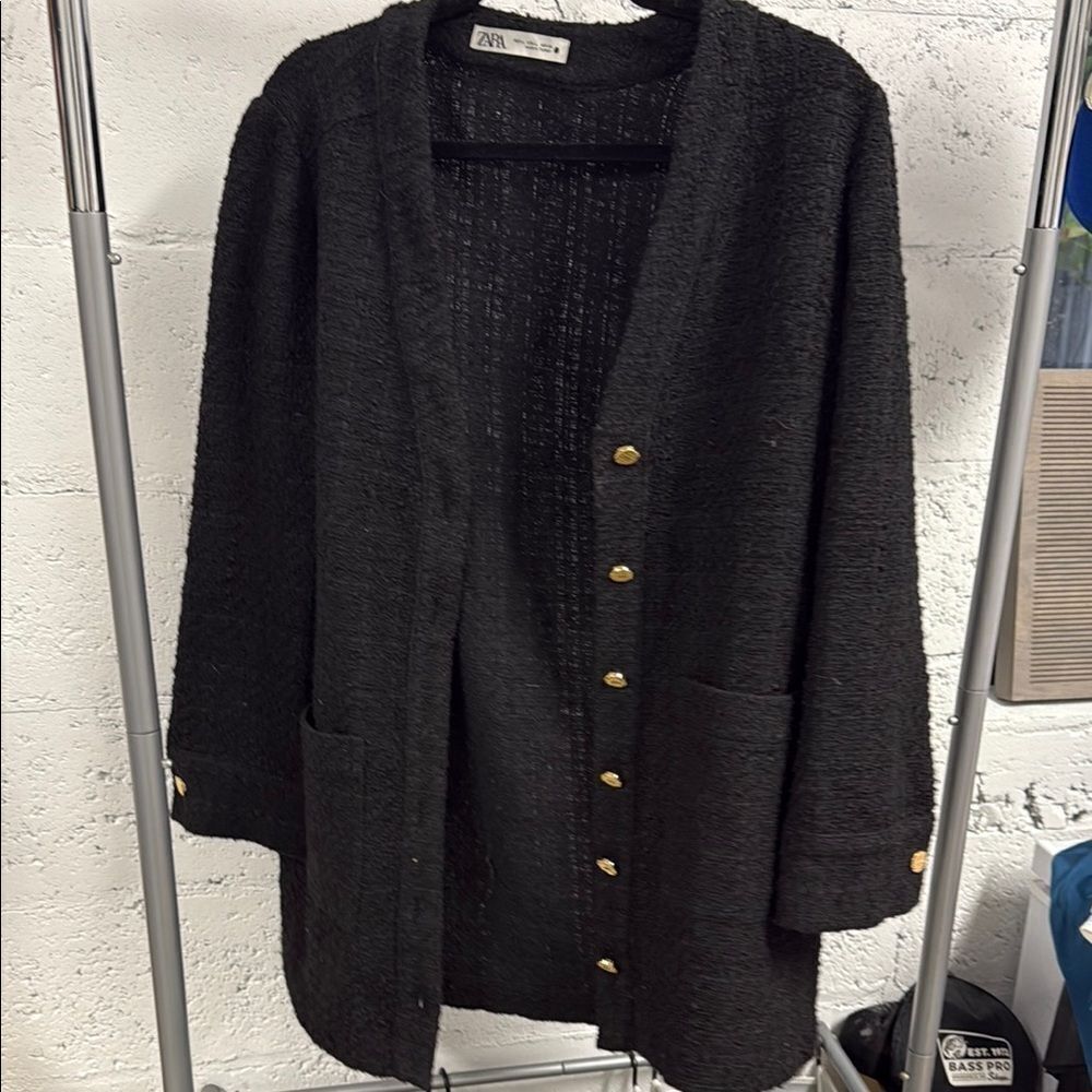 Zara Black Cardigan Heavy Sweater with Relaxed Silhouette Gold Button Size Large